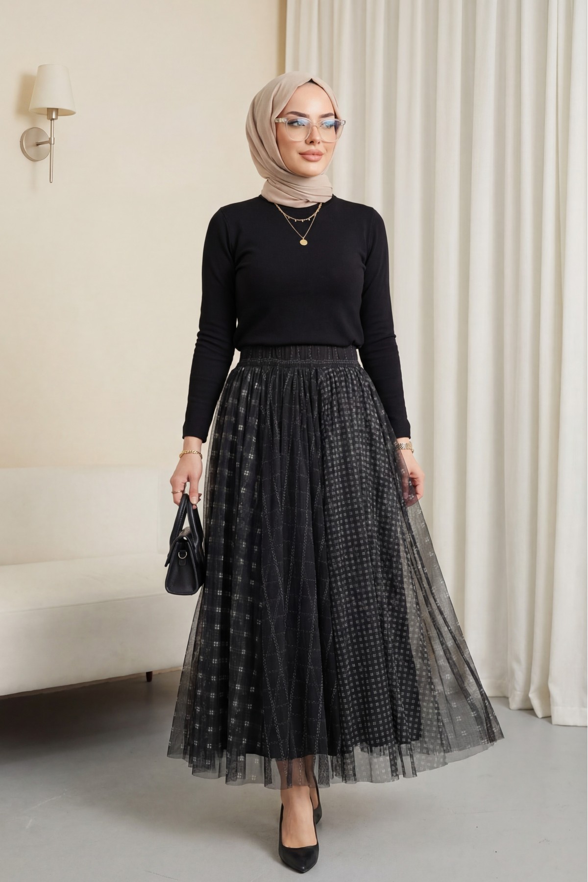 Kare Desen Beli Lastikli Astarlı Tül Etek -Siyah