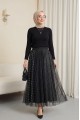 Kare Desen Beli Lastikli Astarlı Tül Etek -Siyah