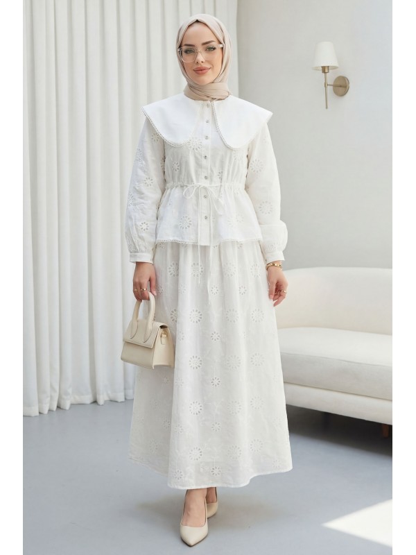 Bebe Yaka Beli Lastikli Bağcıklı Nakışlı Astarlı Keten Takım  -Beyaz