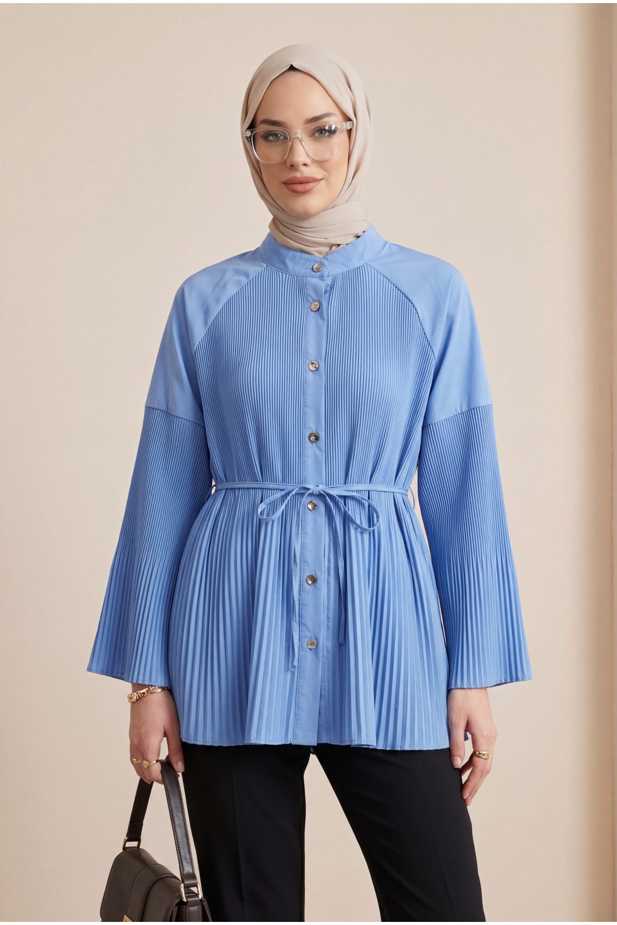 Gold Düğmeli Önü Ve Kolları Pliseli Bağcıklı Gömlek  -Mavi