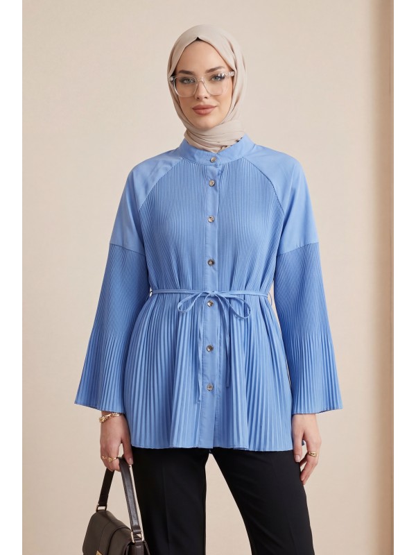 Gold Düğmeli Önü Ve Kolları Pliseli Bağcıklı Gömlek  -Mavi