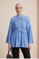 Gold Düğmeli Önü Ve Kolları Pliseli Bağcıklı Gömlek  -Mavi