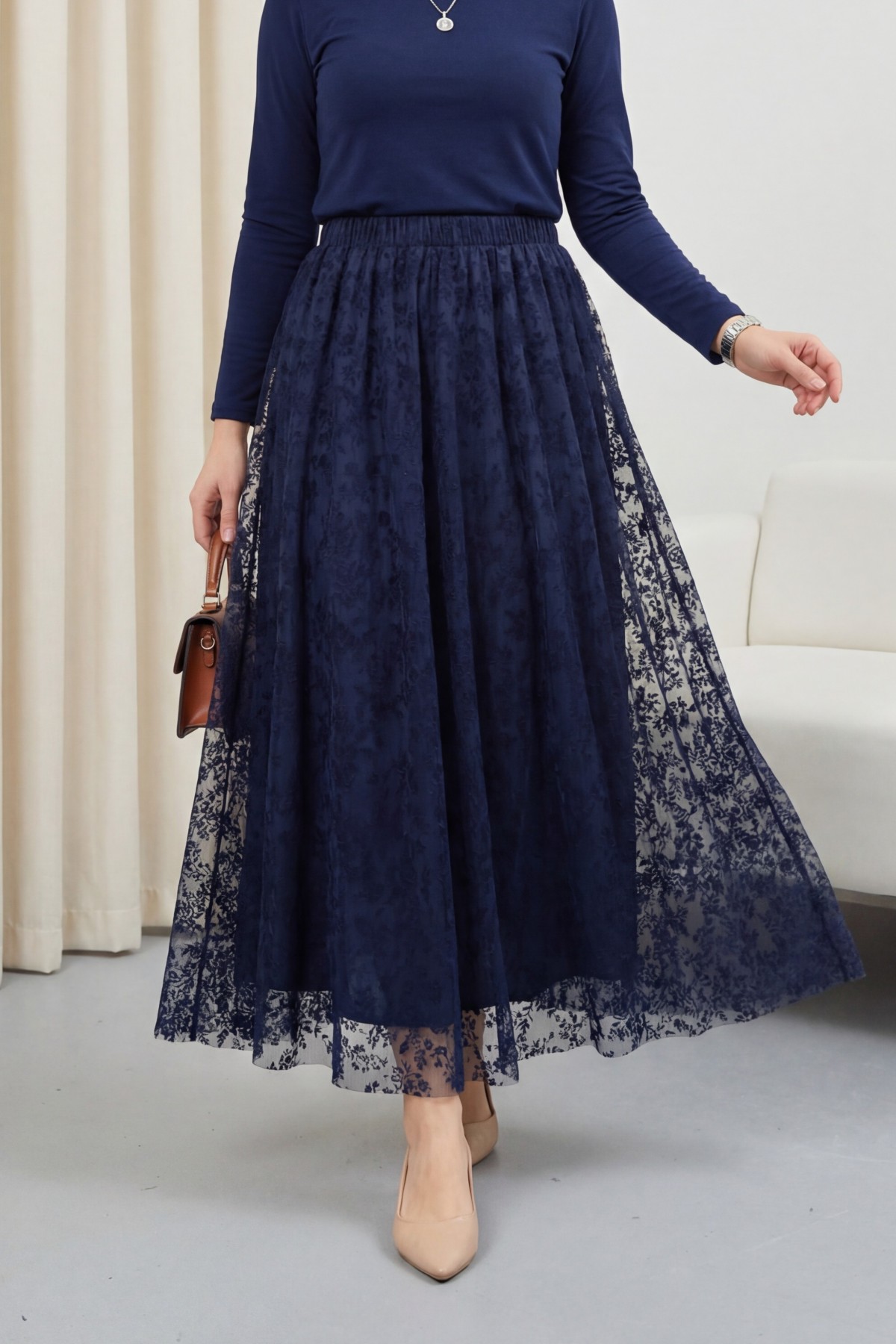 Beli Lastikli Flog Baskılı Astarlı Tül Etek -Laci