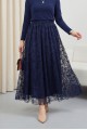 Beli Lastikli Flog Baskılı Astarlı Tül Etek -Laci