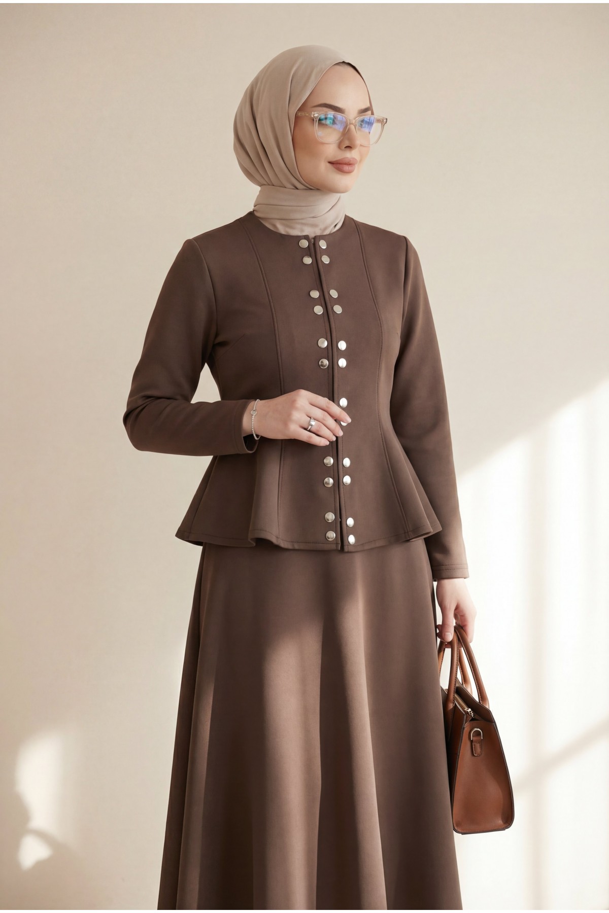 Önü Çift Çıtçıtlı Beli Volanlı Etekli Scuba Takım -K. Kahve