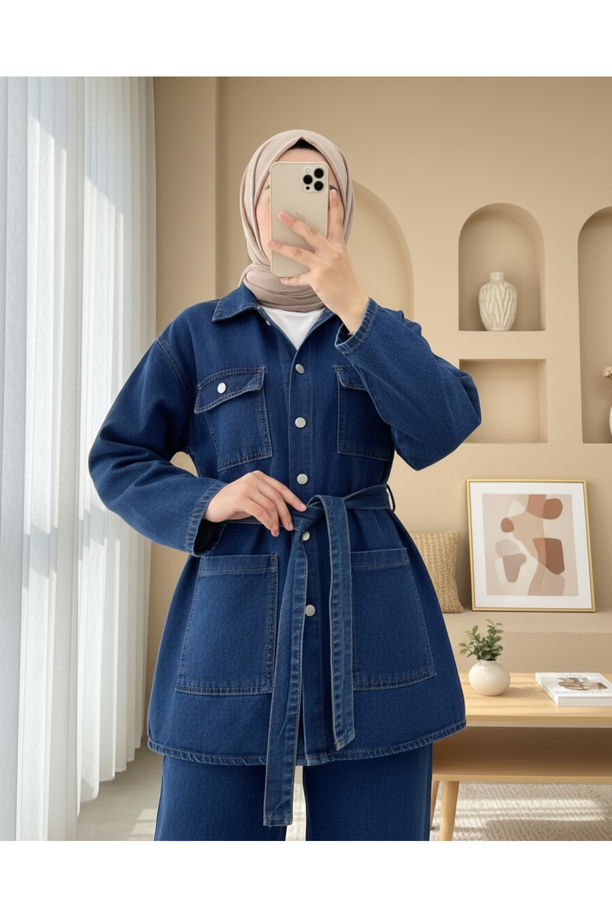 Beli Kemerli Cepli Önü Düğmeli Kot Takım -İndigo