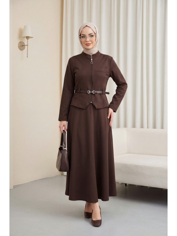 Önü Fermuarlı Cep Detaylı Beli Kemerli Etekli Diagonal Takım -Kahve
