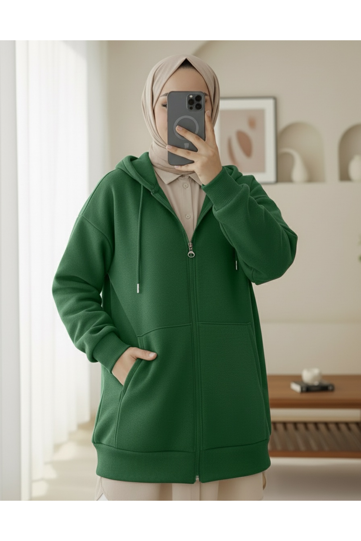 Kapşonlu Cepli Fermuarlı Şardonlu Sweat  -Zümrüt