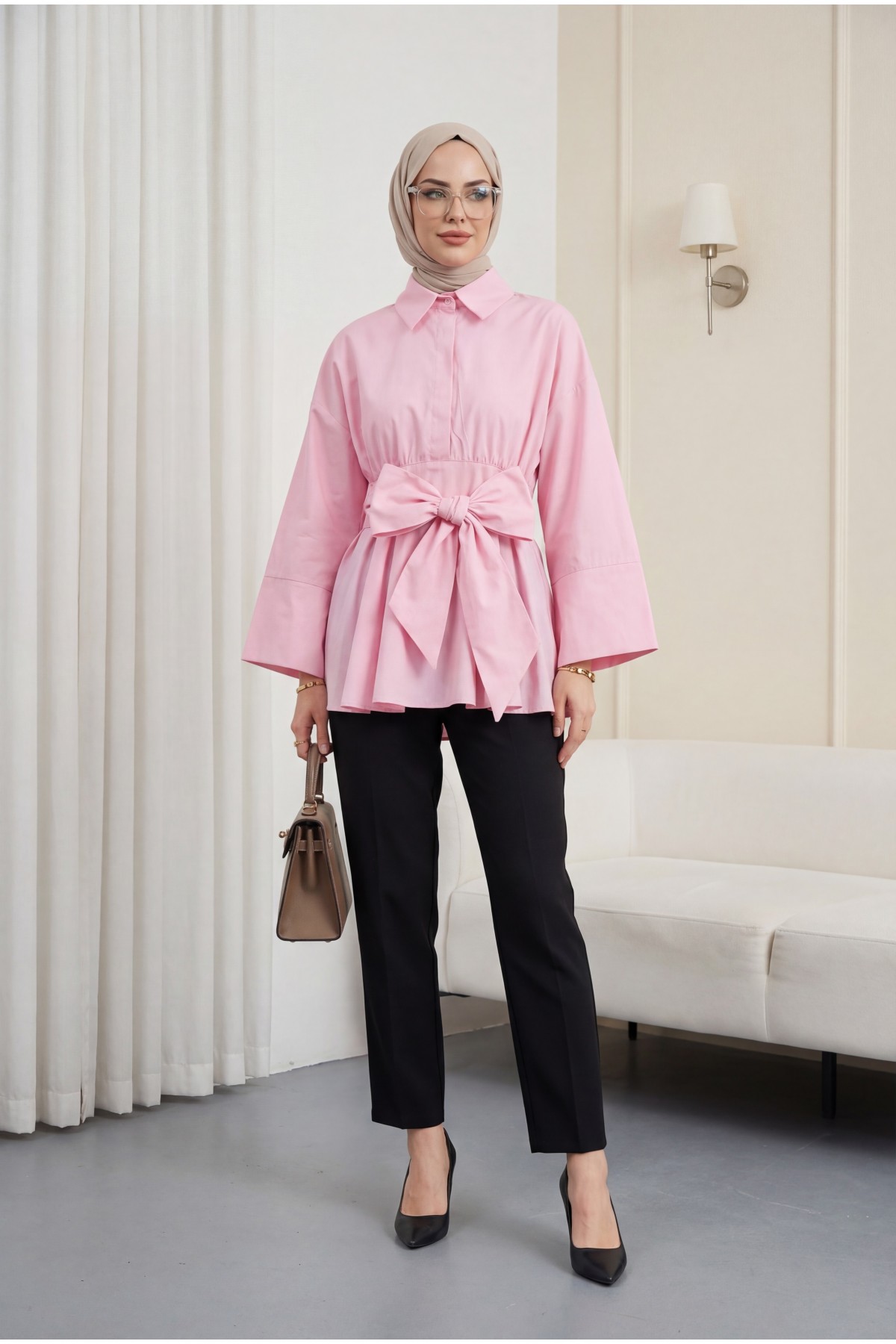 Beli Korsajlı Gizli Patlı Kuşaklı Poplin Tunik -Pembe