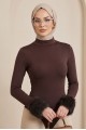 Kolu Kürklü Yarım Boğazlı Çıtçıtlı Zıbın Bluz -Kahve