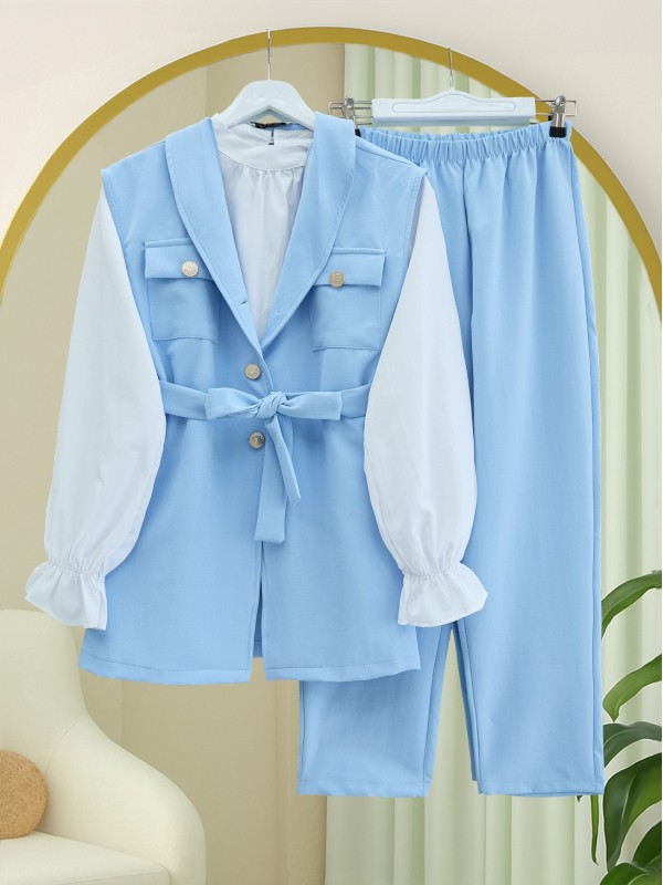 Sıfır Kol Önü Düğmeli Beli Kemerli Üçlü Takım  -Bebe Mavi