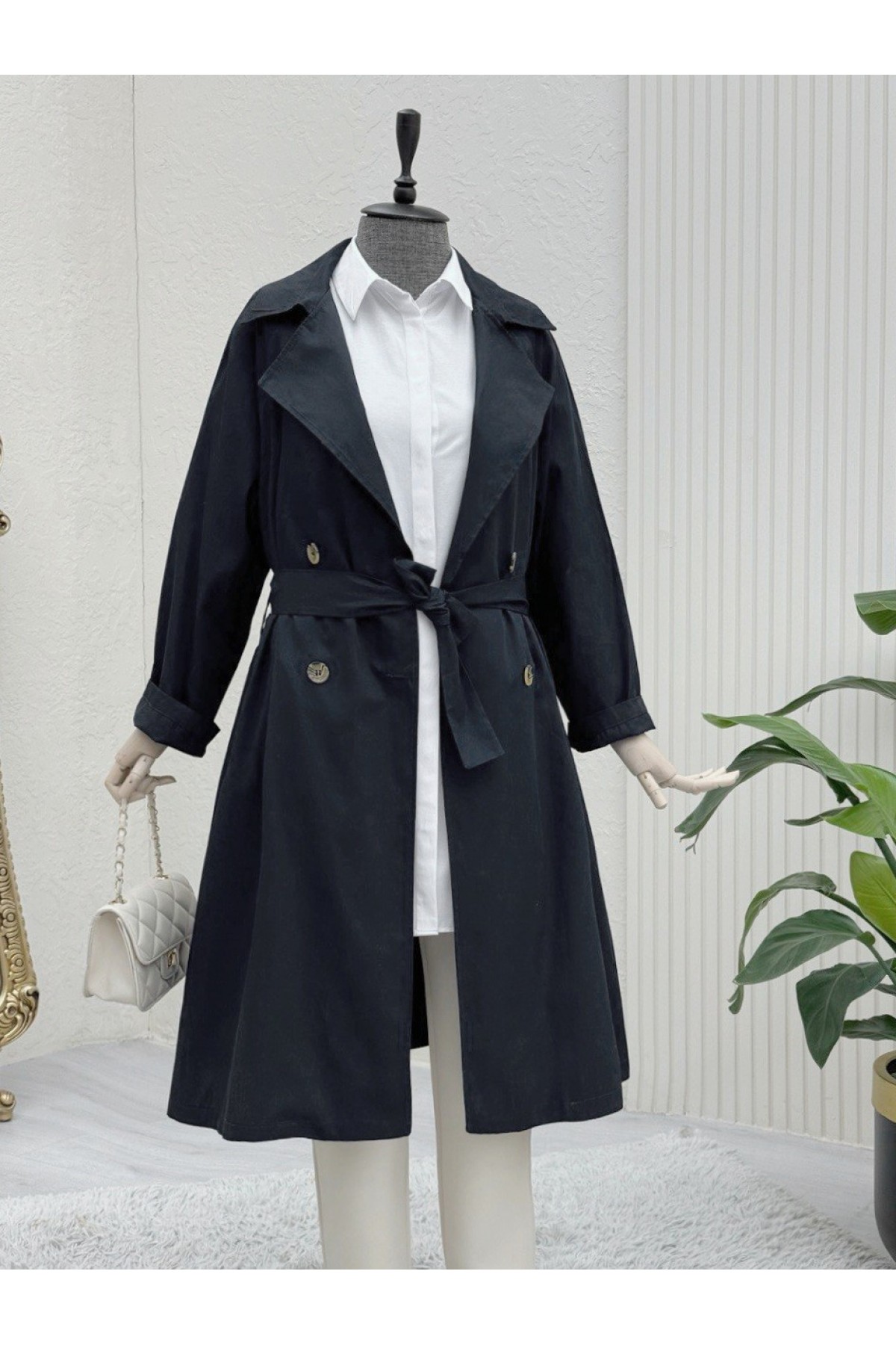 Bolero Detaylı Kemerli Araboy Trençkot -Siyah