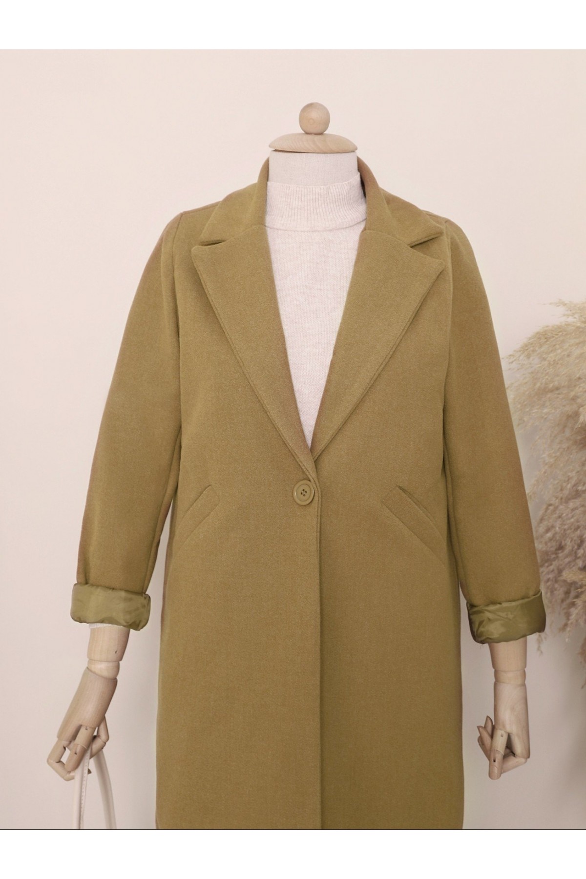 Tek Düğmeli Astarlı Kışlık Kaşe Kaban -Hardal