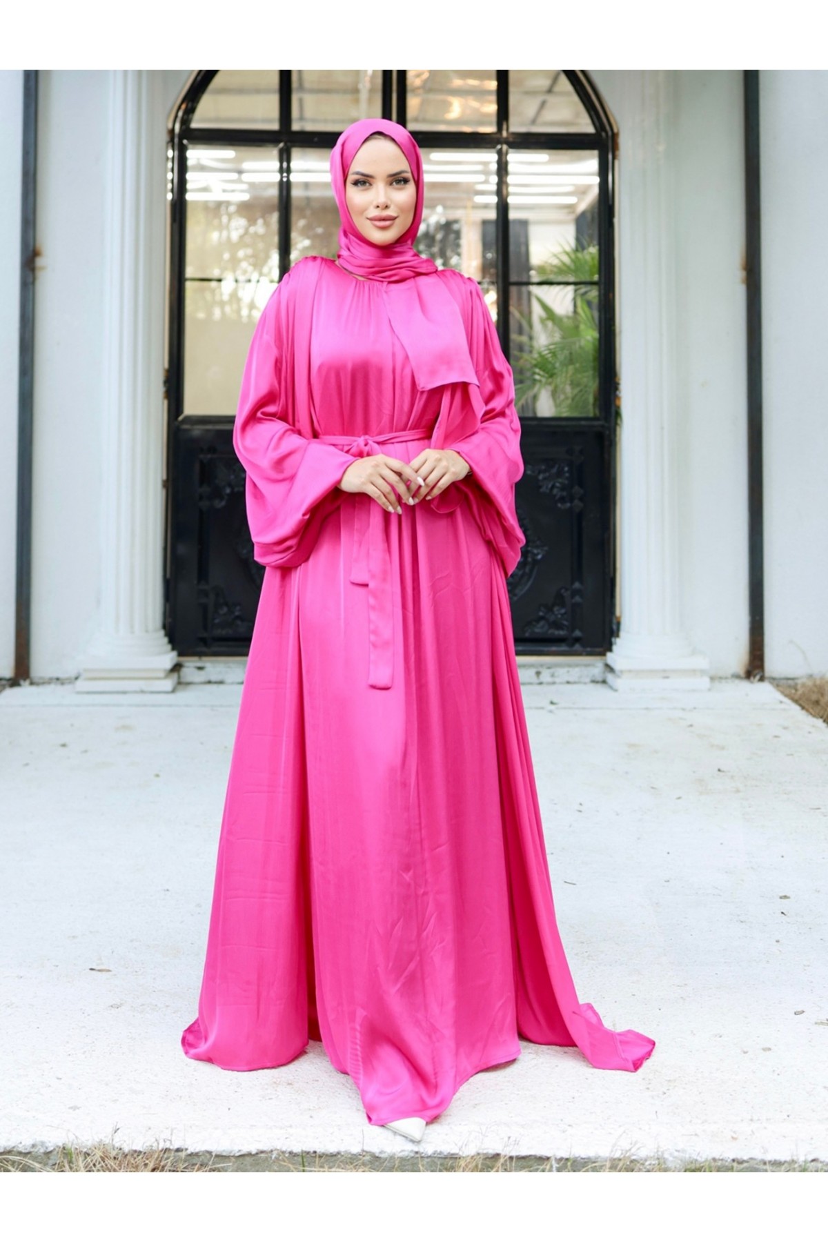 Krinkıl İpek Saten 3'lü Abaya Takım -Fuşya