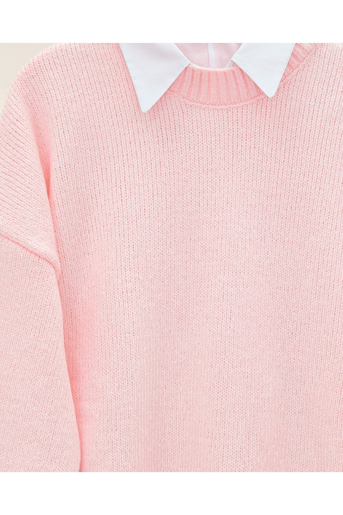 Bisiklet Yaka Eteği Fitilli Salaş Triko Kazak      -Pudra