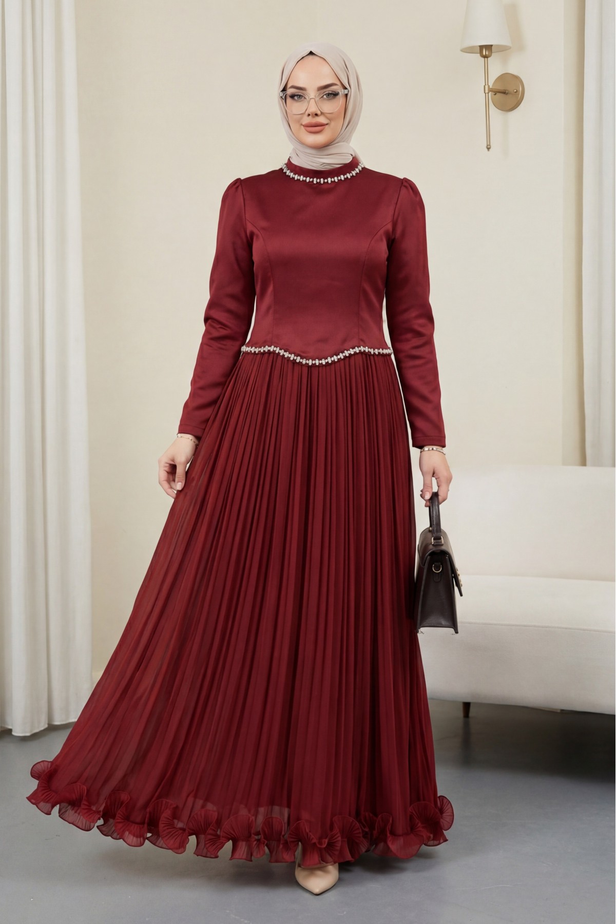 Üstü Saten Altı Janjan Şifon Taş Detaylı Volanlı Abiye  -Bordo