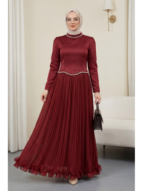 Üstü Saten Altı Janjan Şifon Taş Detaylı Volanlı Abiye  -Bordo
