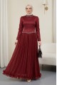 Üstü Saten Altı Janjan Şifon Taş Detaylı Volanlı Abiye  -Bordo
