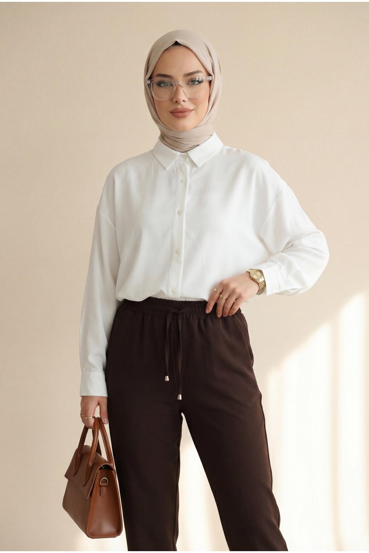 Düğmeli Salaş Viskon Gömlek -Beyaz