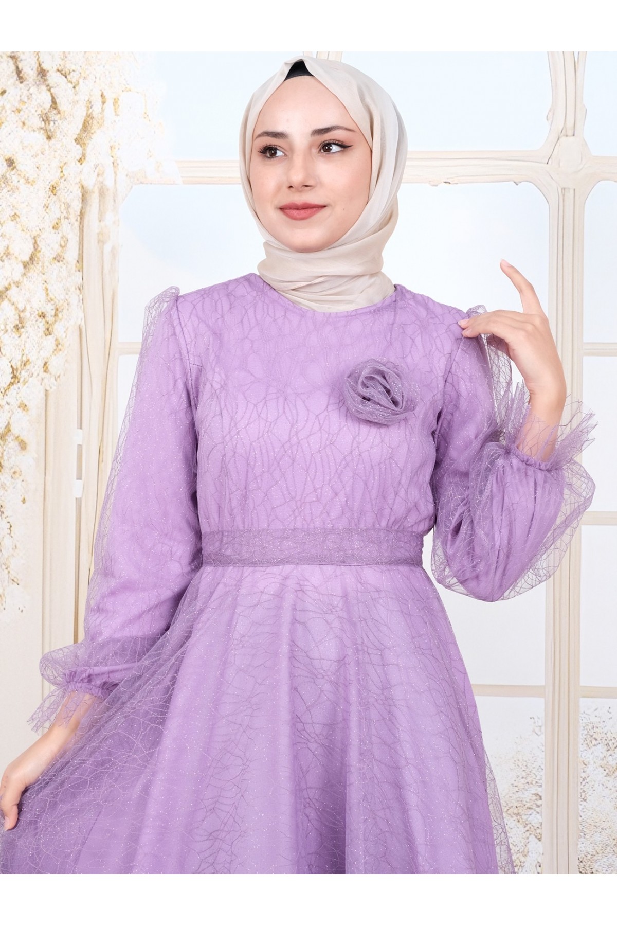 Kolu Lastikli Kuşaklı Simli Kabarık Tül  Abiye -Lila