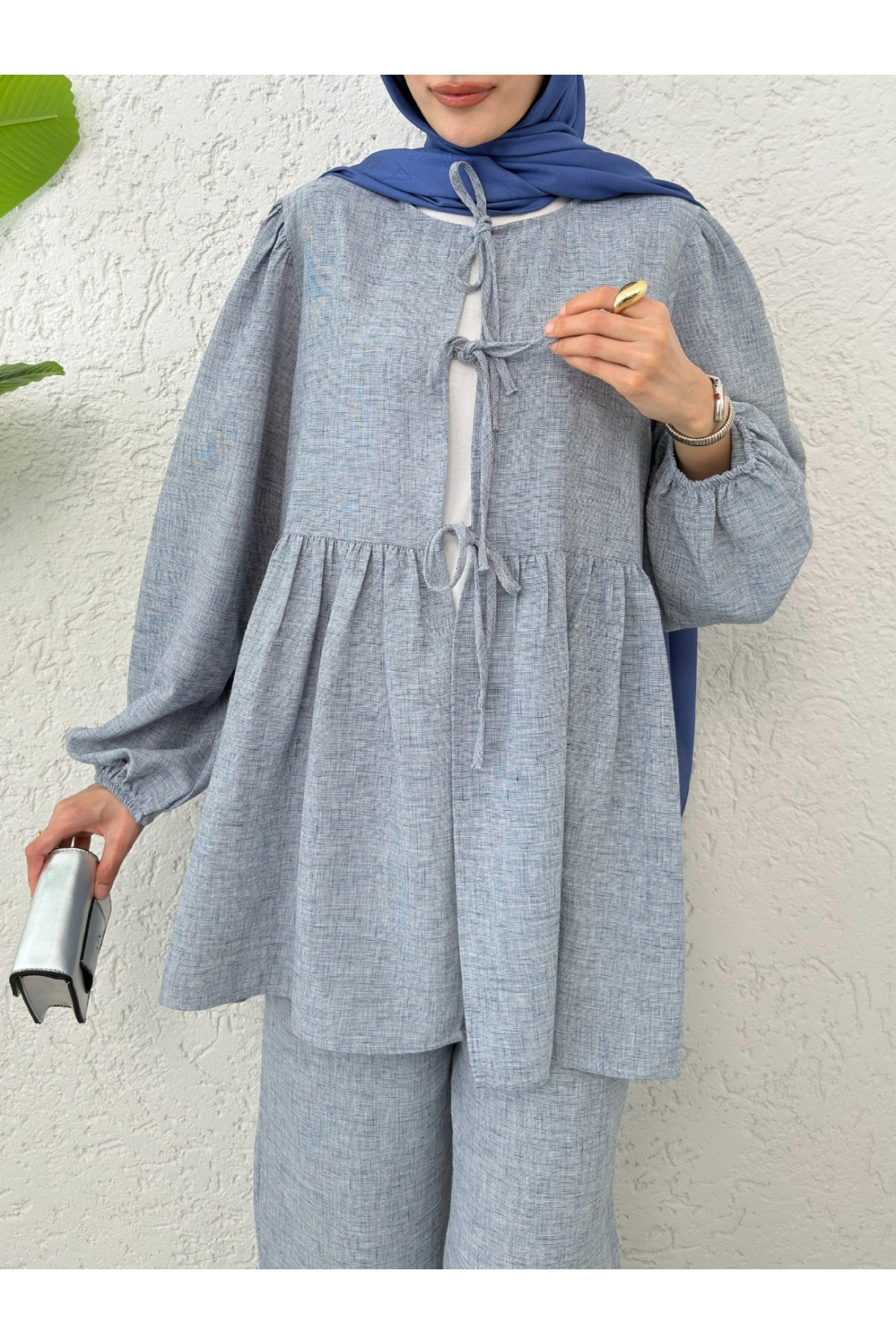Önü Bağlamalı Parçalı Kolu Lastikli Takım  -Buz Mavi