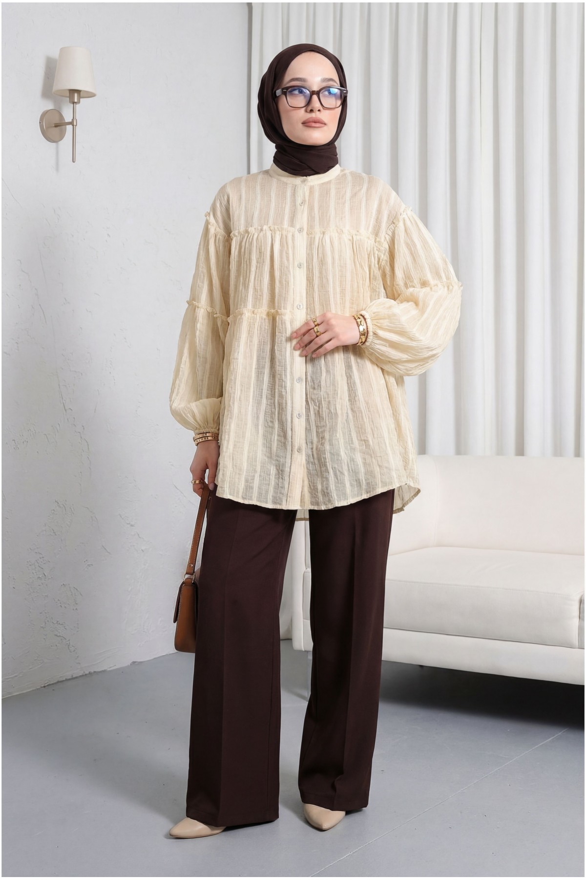 Dik Yaka Sim Çizgili Balon Kol Oversize Gofre Tunik -Açık Sarı