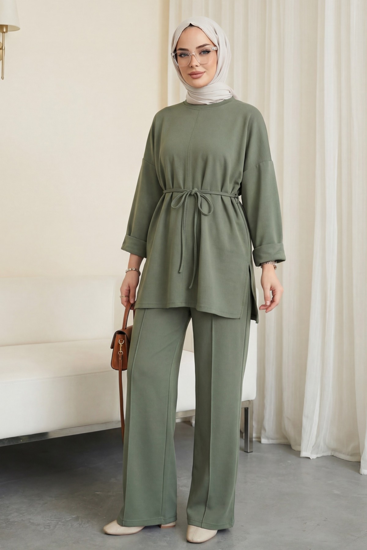 Yırtmaçlı Beli Bağcıklı Kolu Katlamalı Pantolonlu Oyşo Takım  -Haki