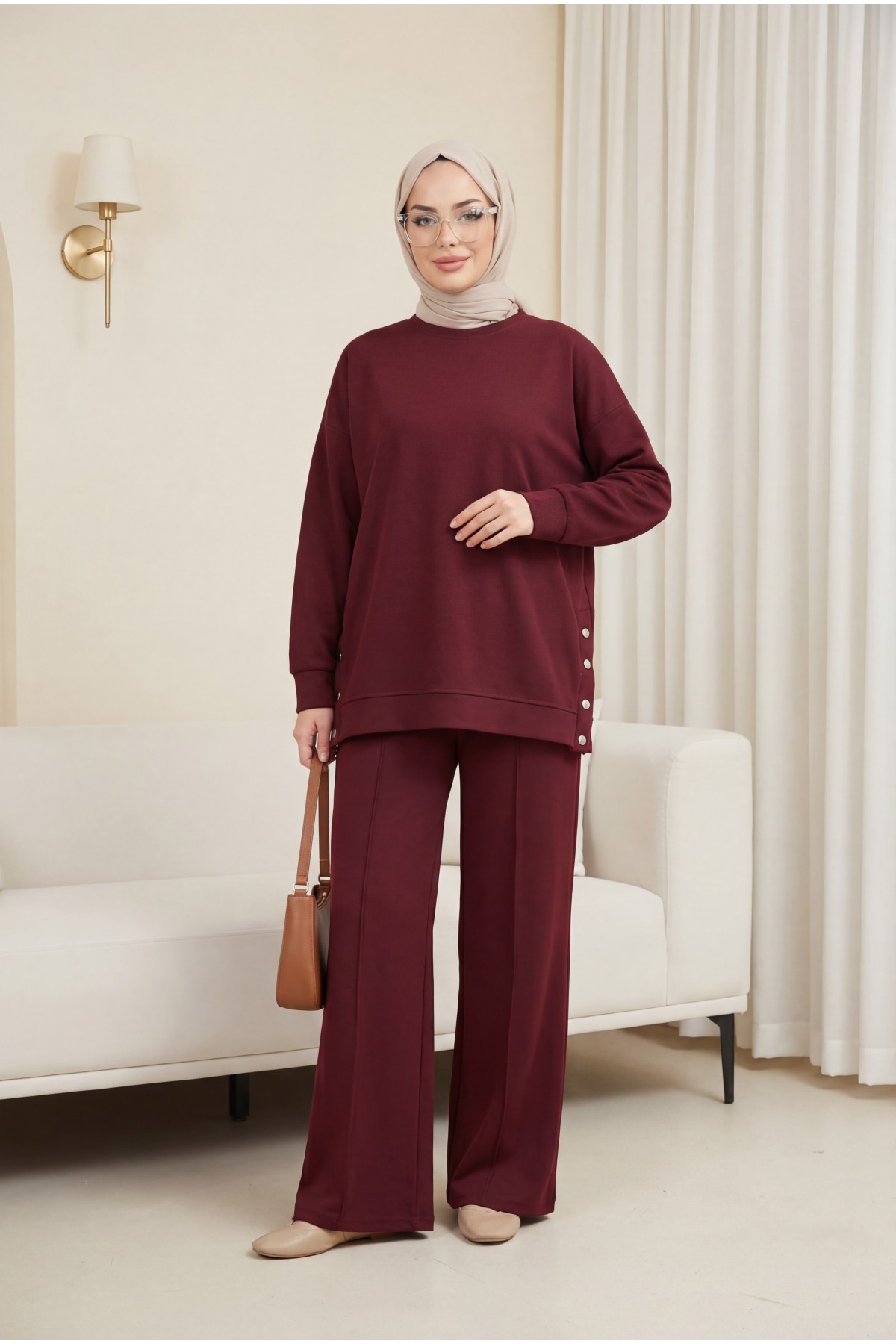 Yanları Çıtçıtlı Çimalı Pantolonlu Oyşo Takım  -Bordo