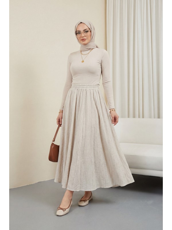 Beli Lastikli Astarlı Uzun Gofre Etek -Taş