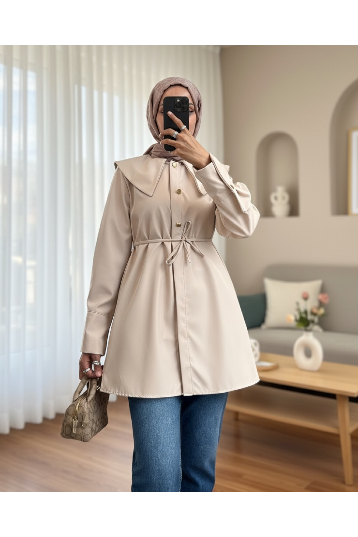 Geniş Yakalı Beli Bağlamalı Bonding Kap -Bej