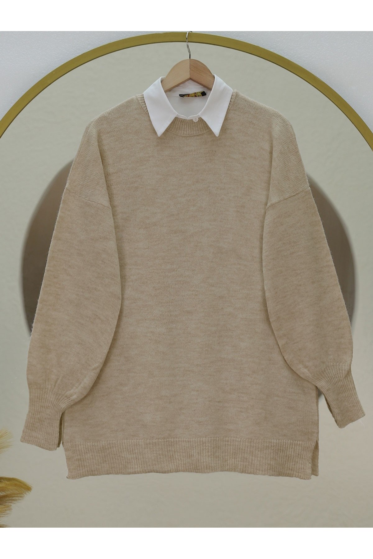 Yuvarlak Yaka Balon Kol Salaş Triko Kazak  -Vizon