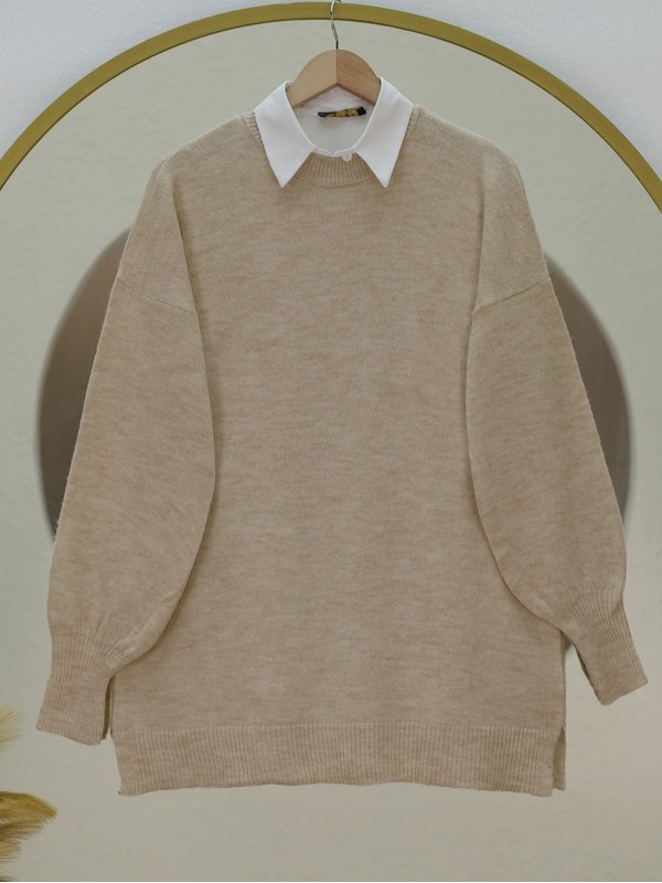 Yuvarlak Yaka Balon Kol Salaş Triko Kazak  -Vizon