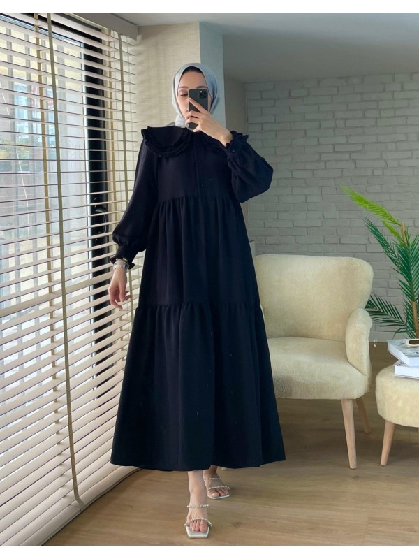 Bebe Yaka Fırfırlı Parçalı İthal Keten Elbise -Siyah