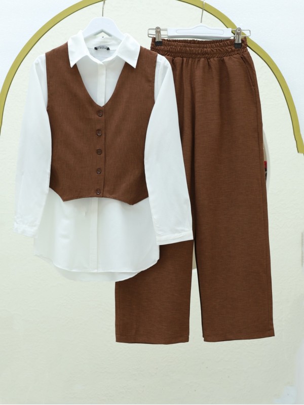 Düğmeli Yelekli Takım -Kahve