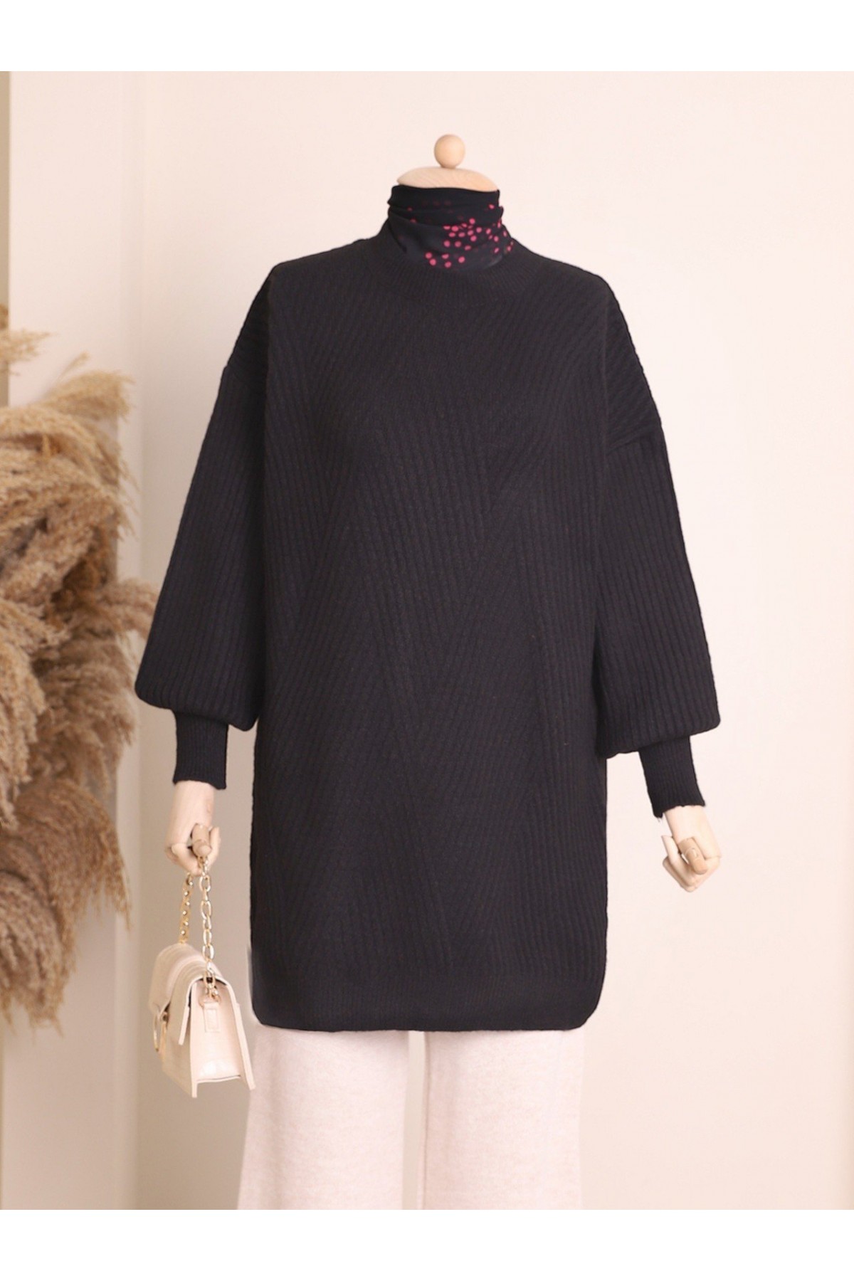 Bisiklet Yaka Baklava Desen Triko Kazak  -Siyah