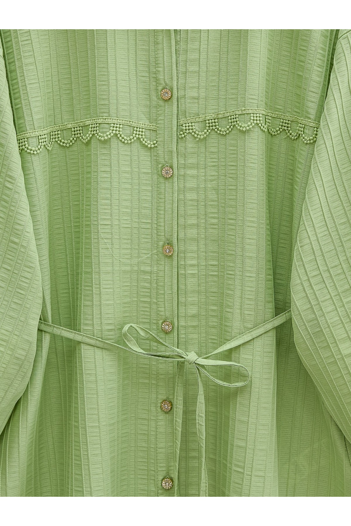 Taşlı Düğmeli Beli Bağlamalı Dantel Detaylı Gömlek -A.Yeşil