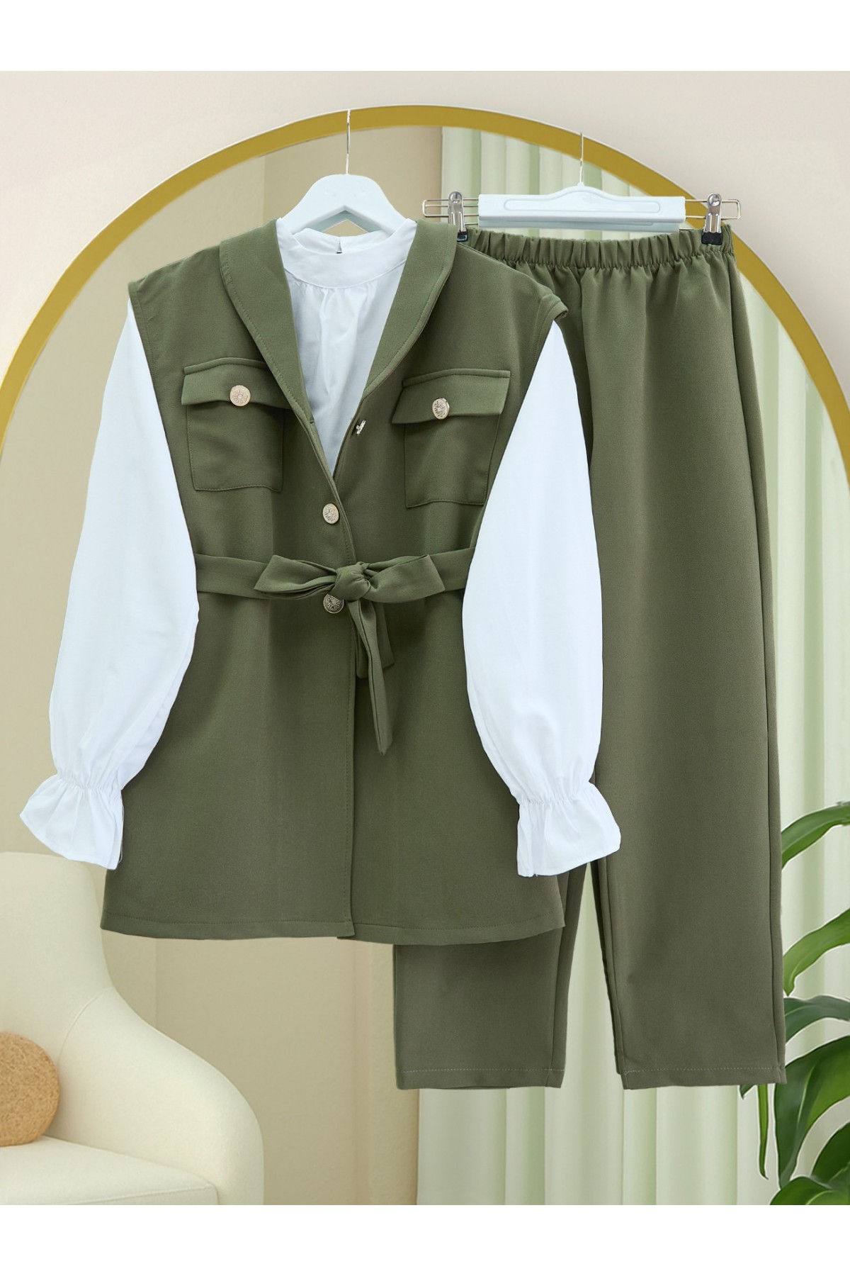 Sıfır Kol Önü Düğmeli Beli Kemerli Üçlü Takım  -Haki