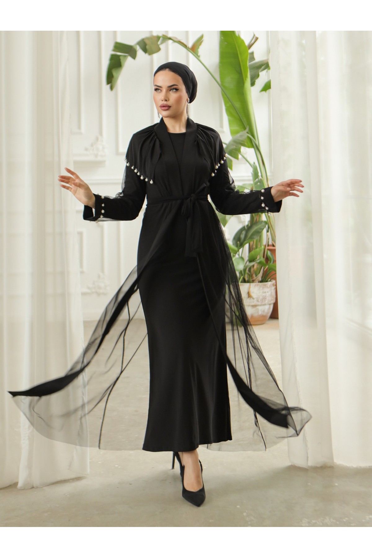 İnci Detaylı Tül Hırkalı Sendy Abaya -Siyah