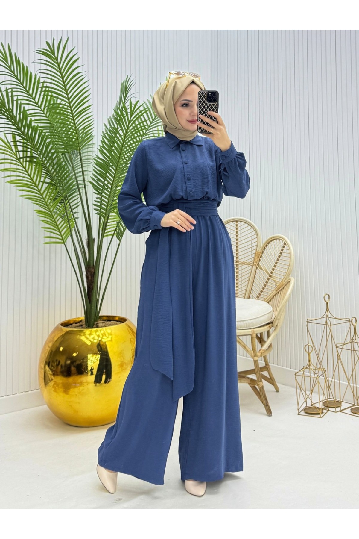Yarım Düğmeli Kemerli Beli Lastikli Tulum -İndigo