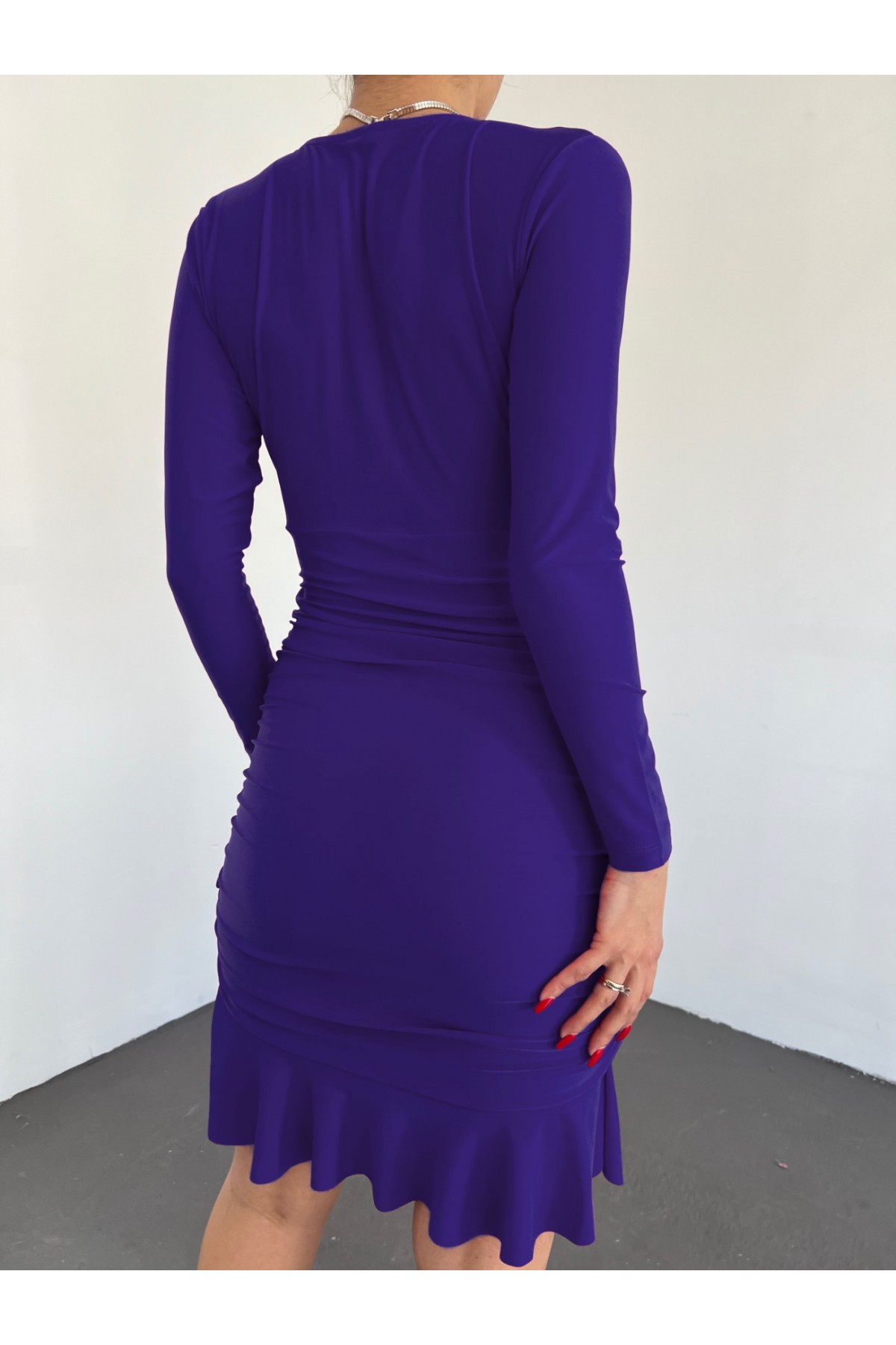 Yanları Lastikli Eteği Volanlı Sandy Mini Elbise -Saks