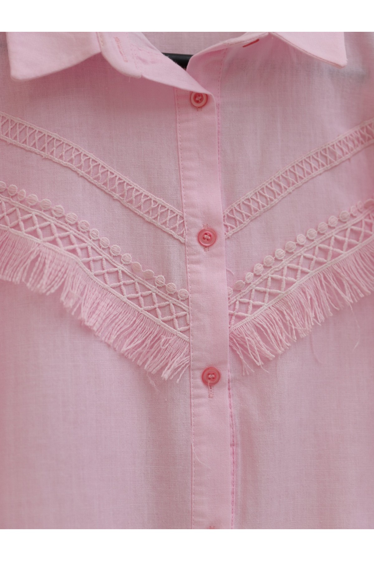 Güpür Püsküllü Ham Keten Balon Kol Gömlek  -Pudra