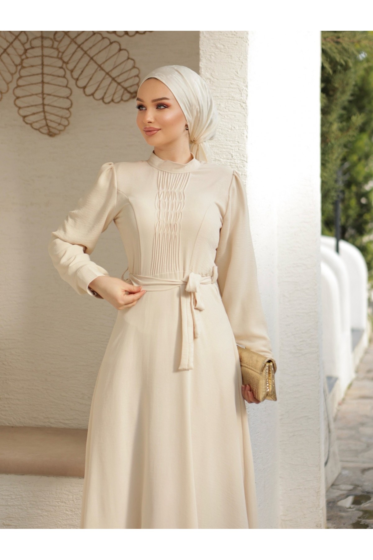 Çıma Detaylı Kemerli Ayrobin Elbise  -Krem
