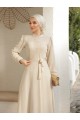 Çıma Detaylı Kemerli Ayrobin Elbise  -Krem
