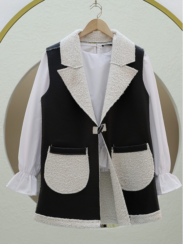 İçi Kuzu Peluş Çift Cepli Yelek -Beyaz