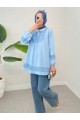 Dantel Detaylı Yakası Bağlamalı Kolu Lastikli Gömlek  -Mavi