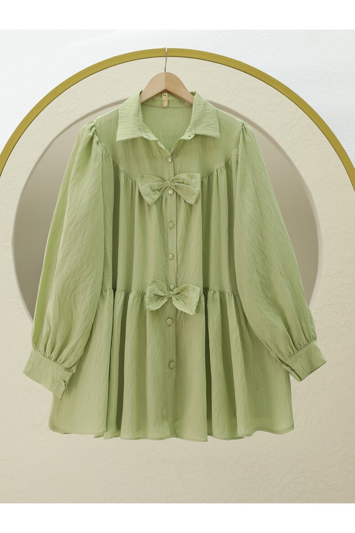 Önü Fiyonk Detaylı Parçalı Gömlek  -Su Yeşili