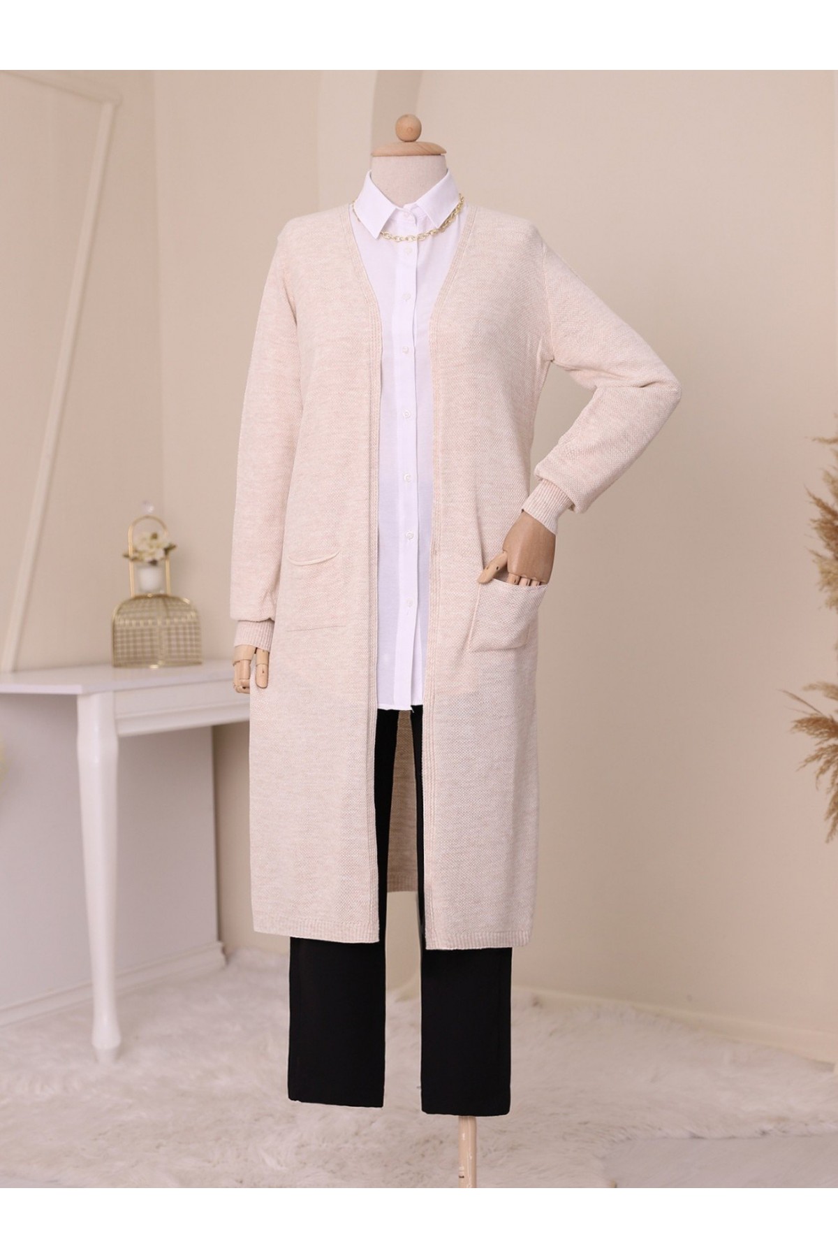 Cepli Tesettür Uzun Hırka -Taş