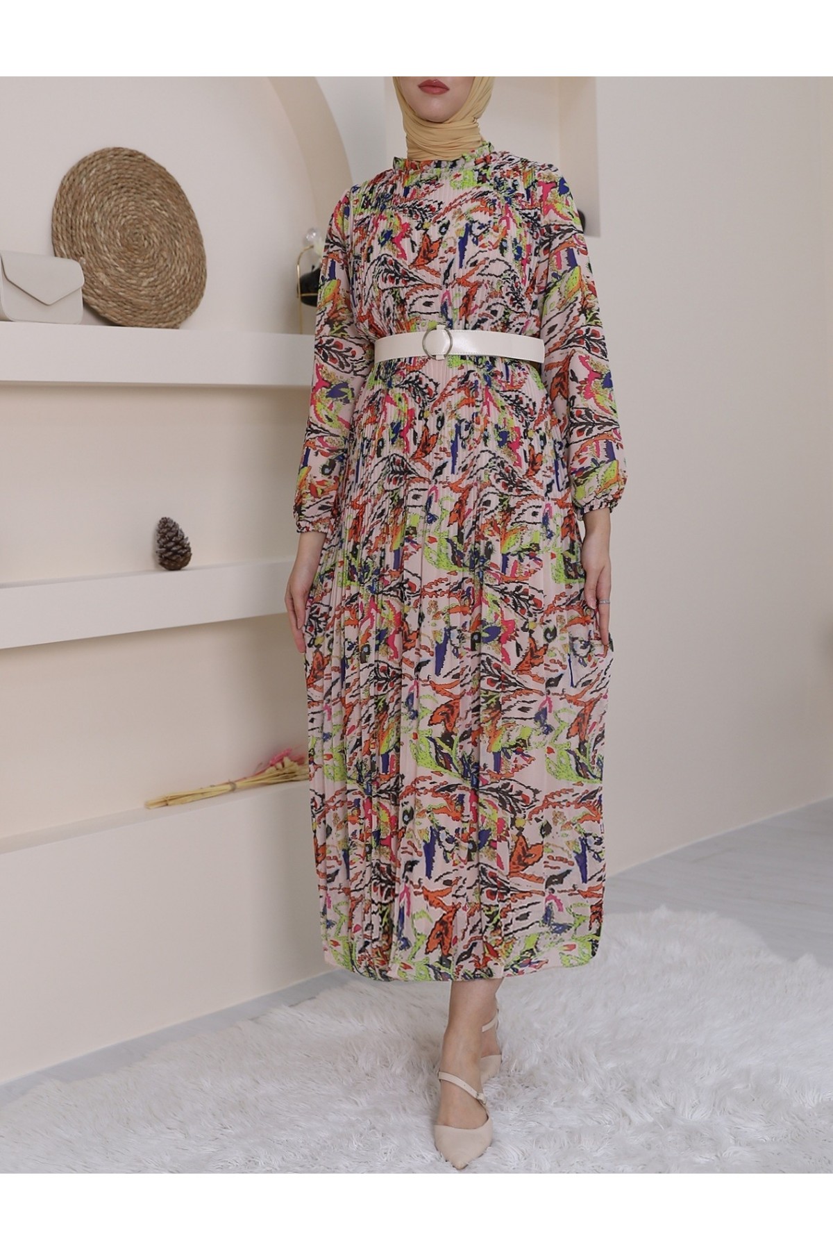 Önü Pileli Kemerli Şifon Elbise -Somon