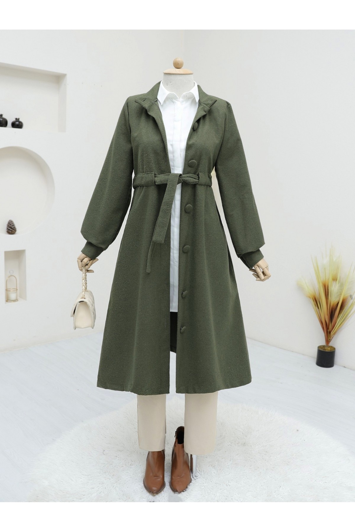 Belden Bağlamalı Top Düğmeli Kaşe Kaban -Haki