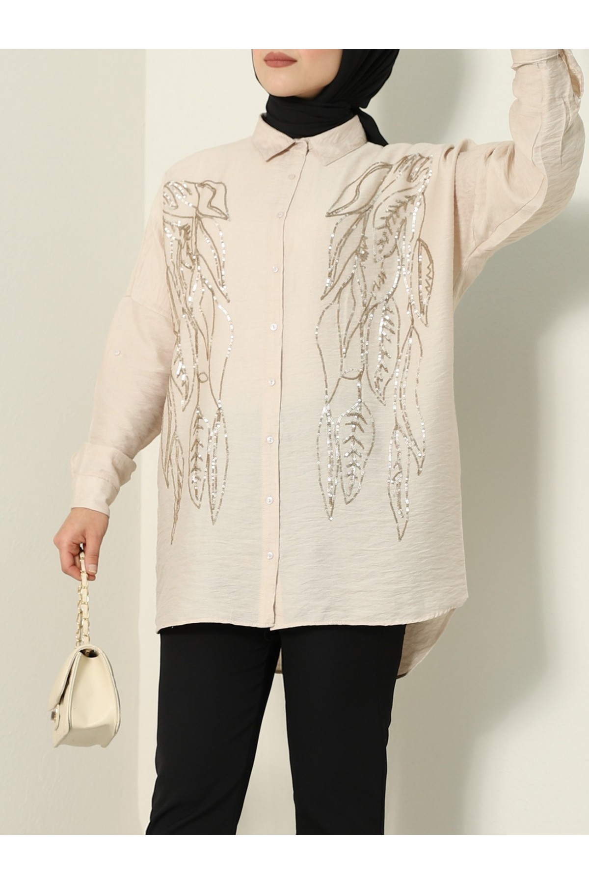 Yaprak Desen Pul Payet Gömlek -Vizon